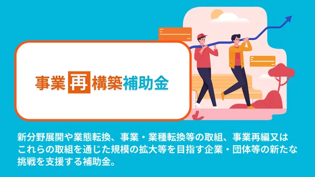新分野展開や業態転換、事業・業種転換等の取り組み、事業再編またはこれらの取り組みを通じた規模の拡大等を目指す企業・団体等の新たな挑戦を支援する補助金。