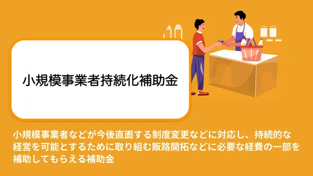 小規模事業者などが今後直面する制度変更などに対応し、持続的な経営を可能とするために取り組む販路開拓などに必要な経費の一部を補助してもらえる補助金。