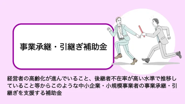 経営者の高齢化が進んでいること、後継者不在率が高い水準で推移していること等からこのような中小企業・小規模事業者の事業承継・引き継ぎを支援する補助金。